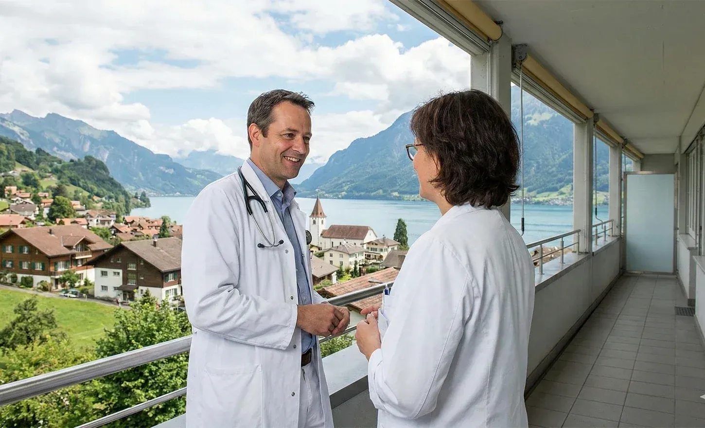 Arzt und Ärztin im Gespräch auf der Terrasse eines Schweizer Spitals mit Blick auf See und Berge.